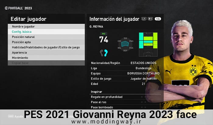 فیس Giovanni Reyna برای PES 2021 - آپدیت 11 آذر 1402