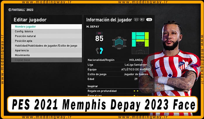 فیس Memphis Depay برای PES 2021 - آپدیت 4 دی 1402