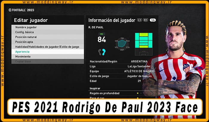 فیس Rodrigo De Paul برای PES 2021 - آپدیت 3 دی 1402