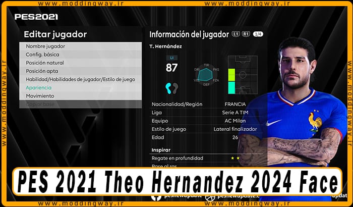 فیس Theo Hernandez برای PES 2021 - آپدیت 10 تیر 1403
