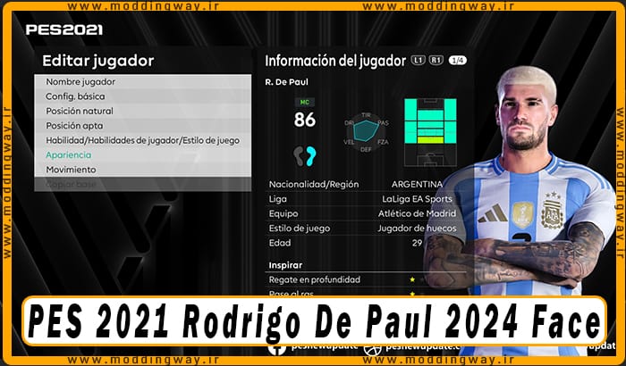 فیس Rodrigo De Paul برای PES 2021 - آپدیت 27 تیر 1403