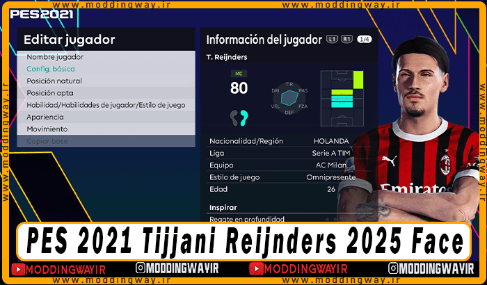 فیس Tijjani Reijnders برای PES 2021 - آپدیت 1 خرداد 1404